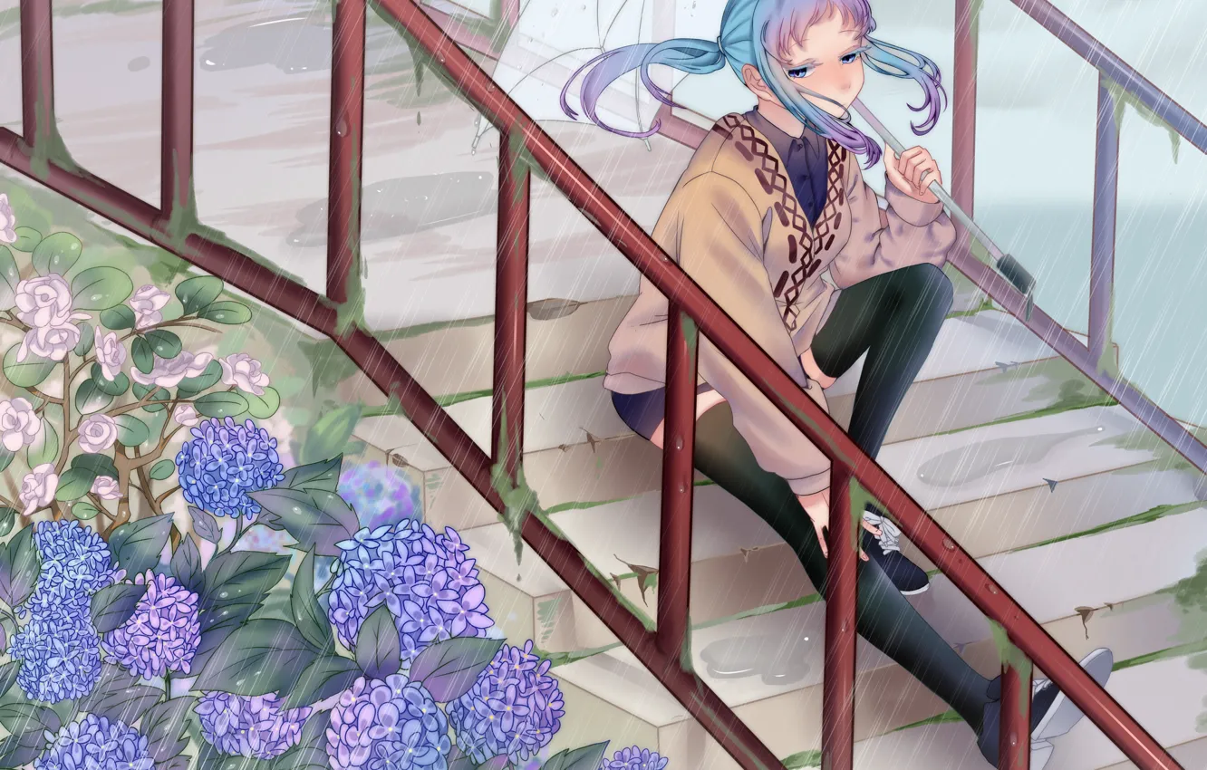Photo wallpaper flowers, rain, umbrella, girl, vocaloid, hatsune miku, Vocaloid, hydrangea