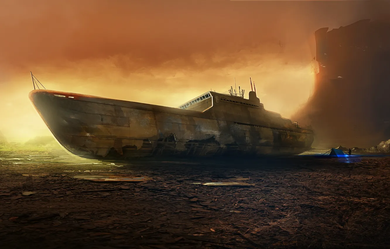 Photo wallpaper the wreckage, people, ship, the skeleton, art, tent, postapokalipsis