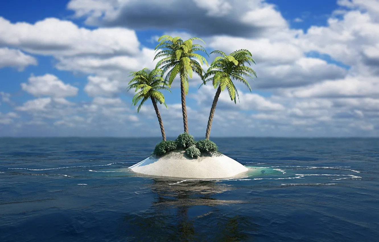 Photo wallpaper sand, sea, clouds, palm trees, the ocean, island, art, three