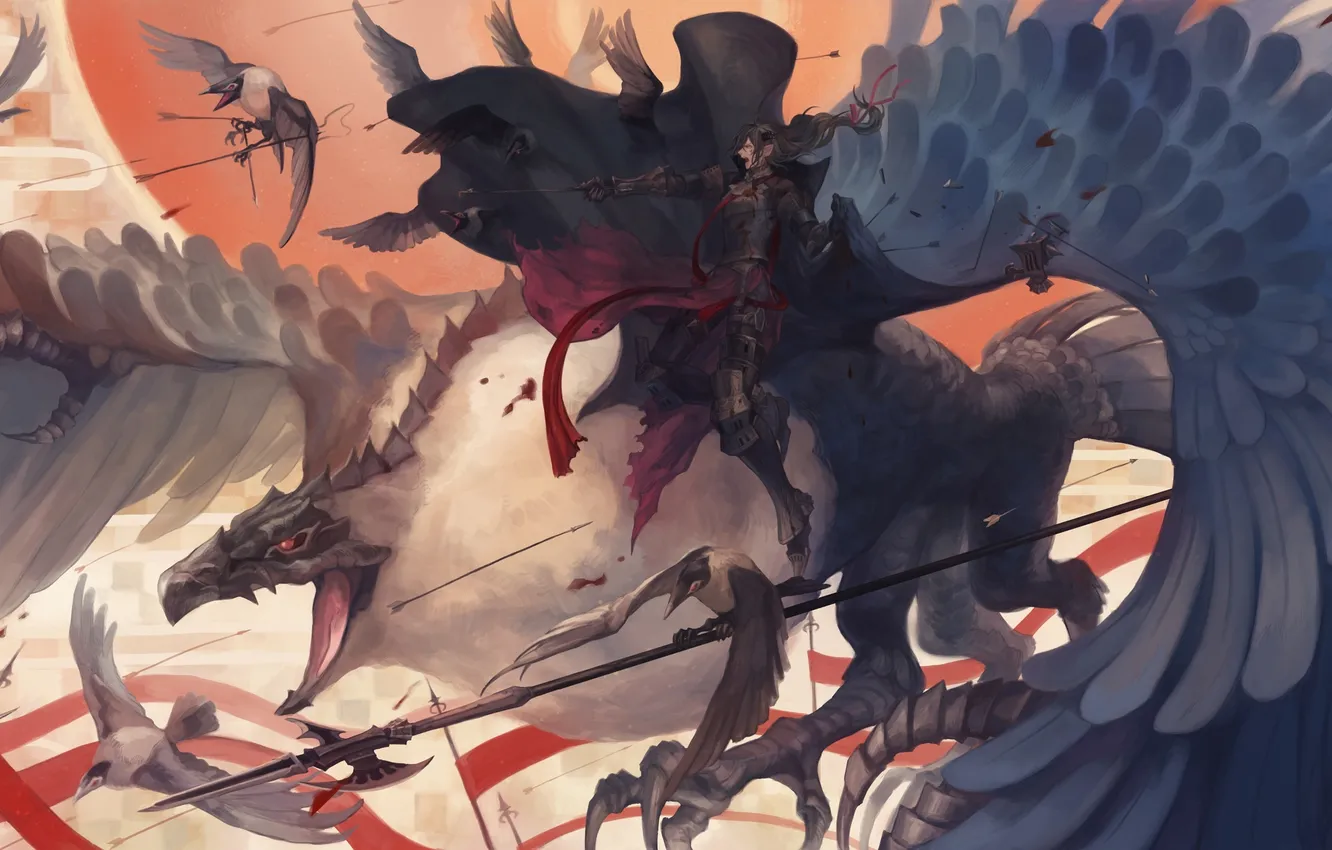 Photo wallpaper birds, weapons, blood, sword, anime, art, battle, guy