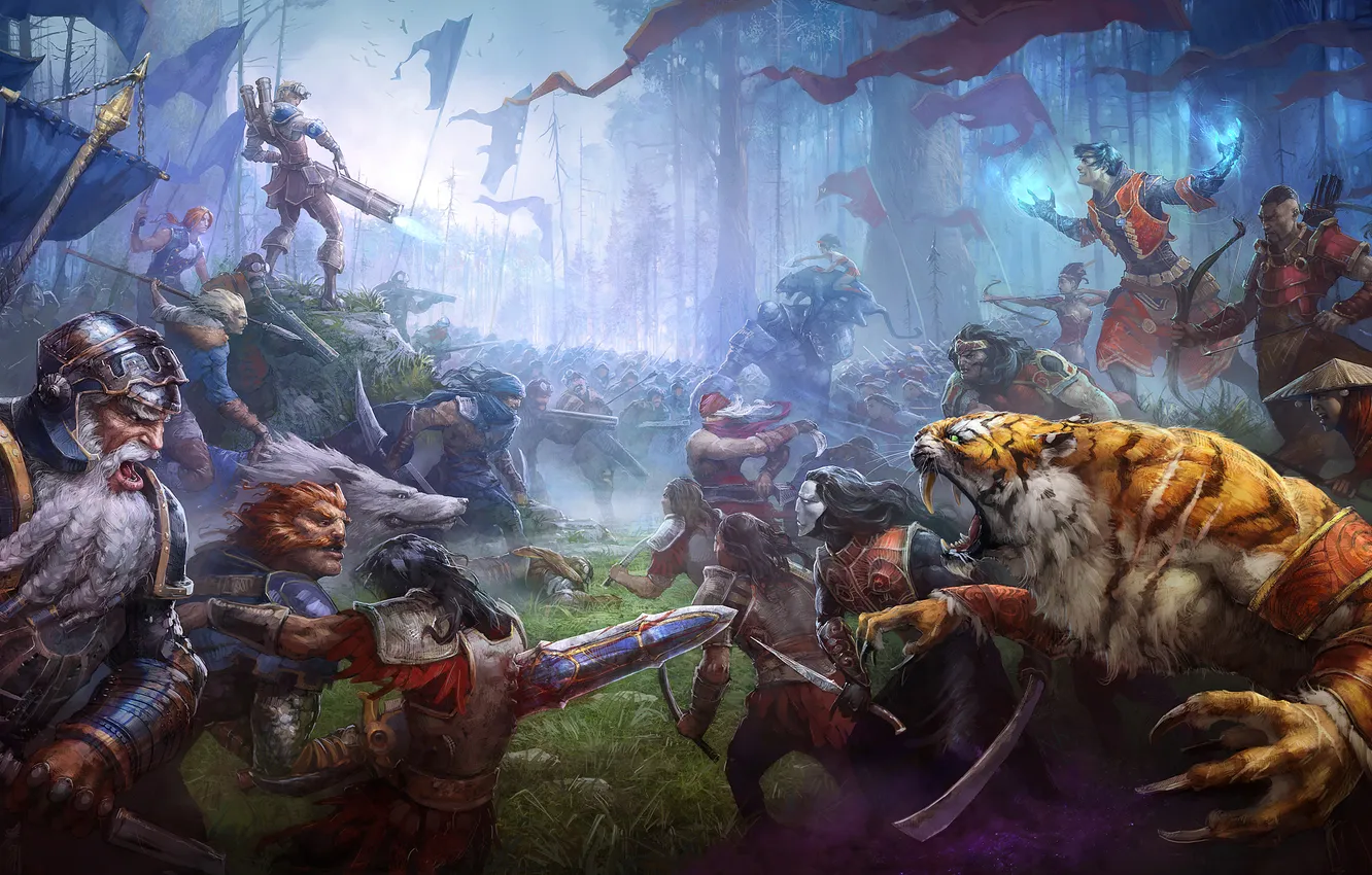 Photo wallpaper forest, tiger, flag, gun, battle, the battle, dwarf, the enemy