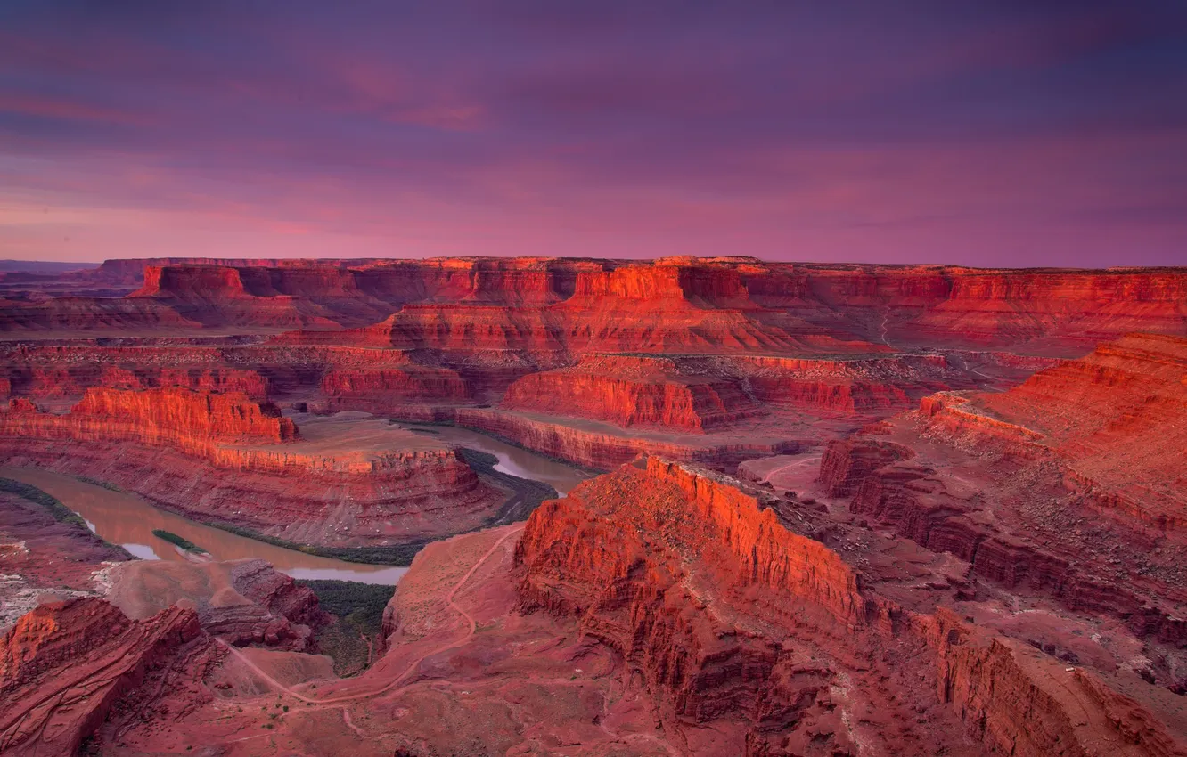Photo wallpaper the sky, sunset, mountains, river, canyon
