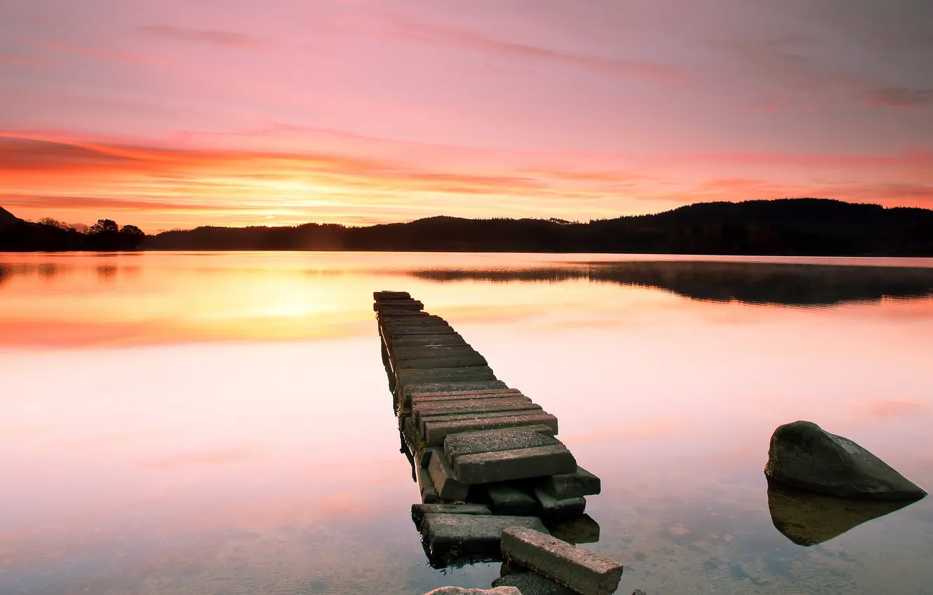 Photo wallpaper landscape, sunset, bridge, lake