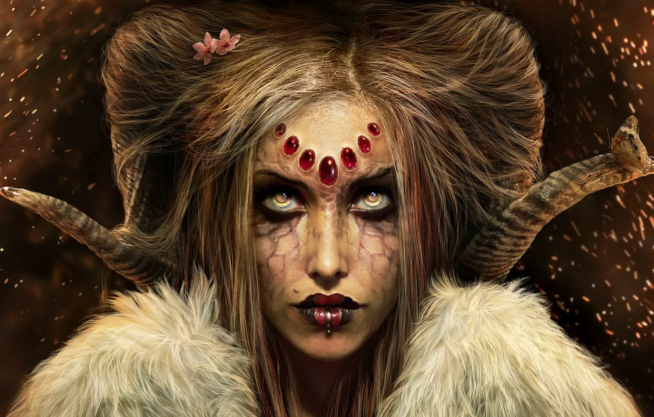 Photo wallpaper girl, butterfly, piercing, horns, witch, looking at the viewer