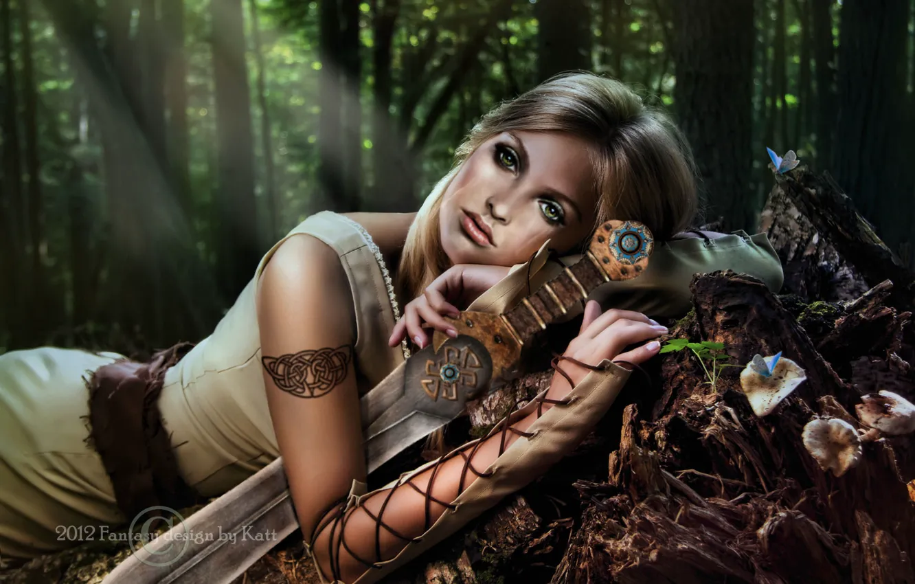 Photo wallpaper forest, look, girl, trees, weapons, fiction, hair, sword