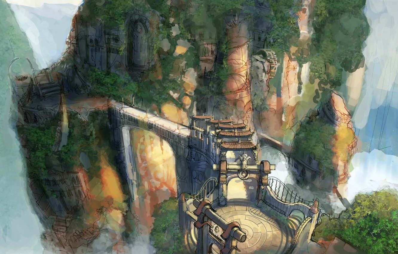Photo wallpaper bridge, rocks, home, gate, Heavenly Sword, gorge