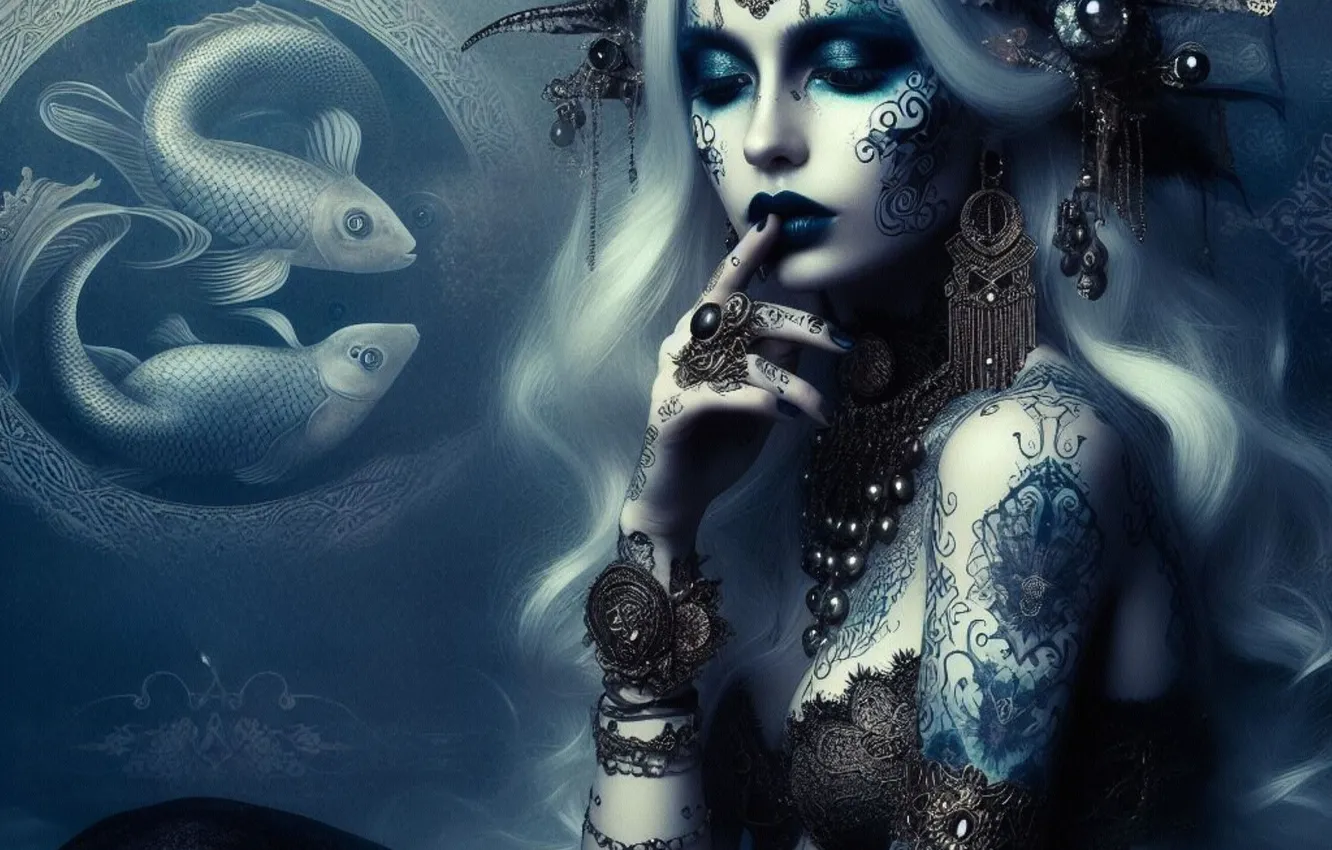 Photo wallpaper look, girl, face, pose, fantasy, mermaid, fantasy, AI art