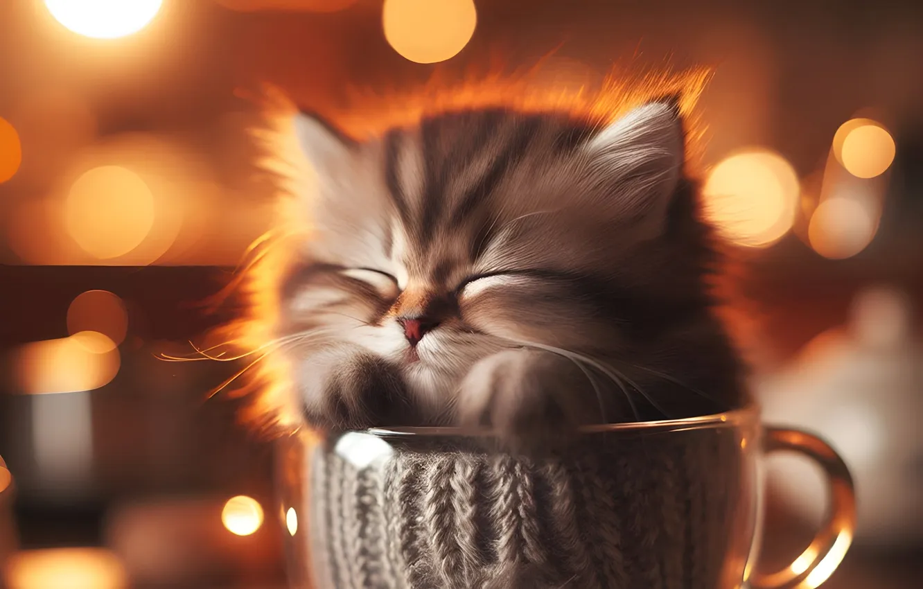 Photo wallpaper cat, lights, pose, table, grey, sleep, legs, fluffy