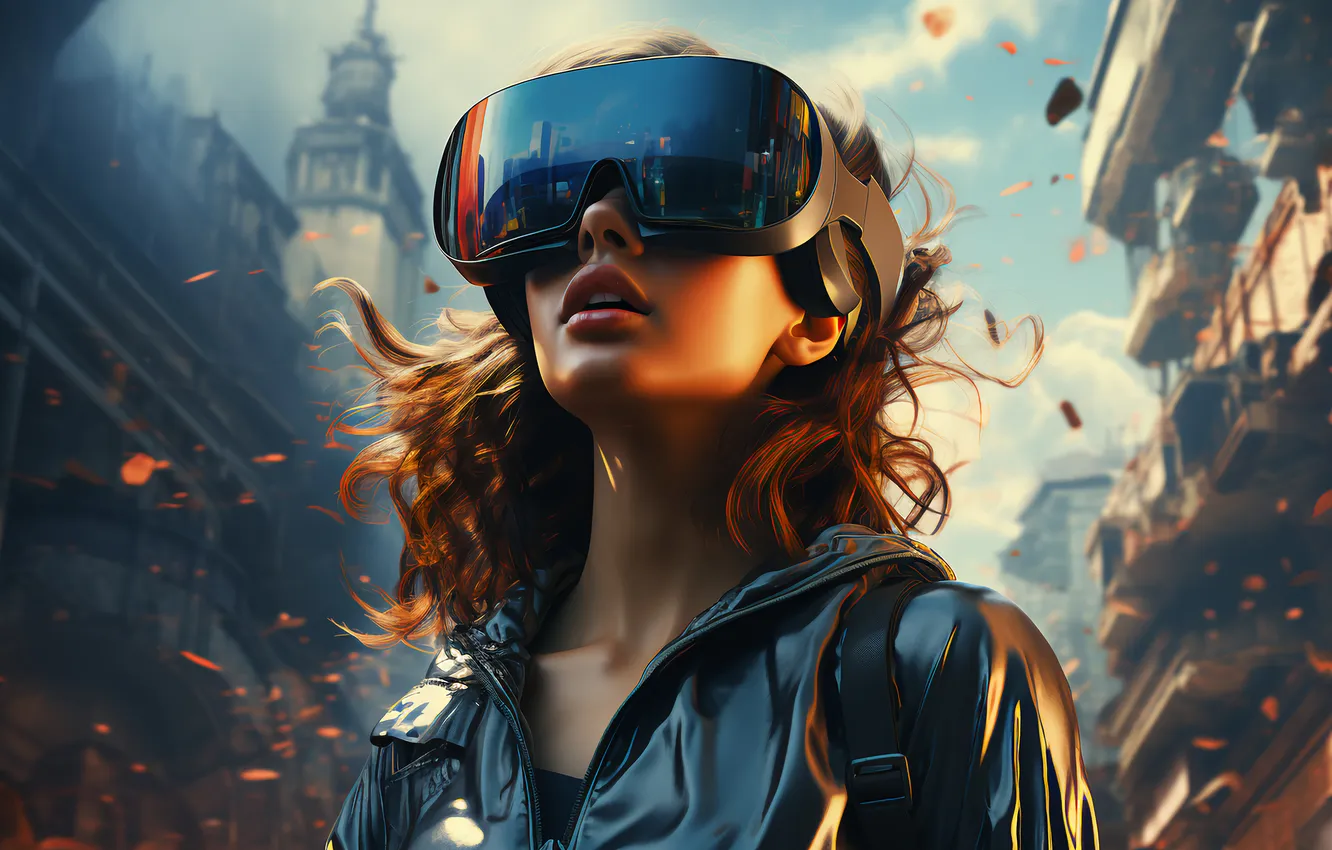 Photo wallpaper girl, face, the city, pose, the wind, the game, building, technology