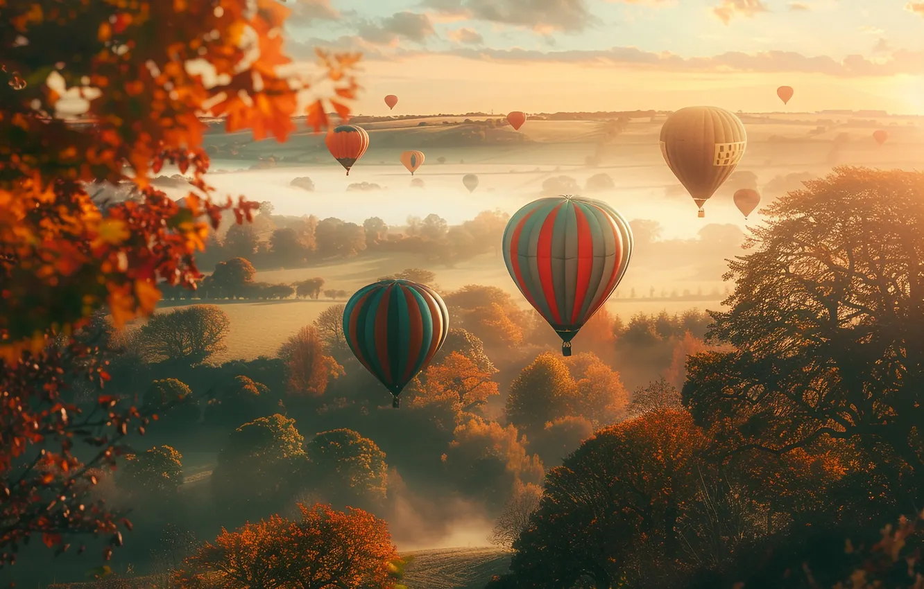 Photo wallpaper autumn, forest, the sky, trees, flight, branches, fog, balloons