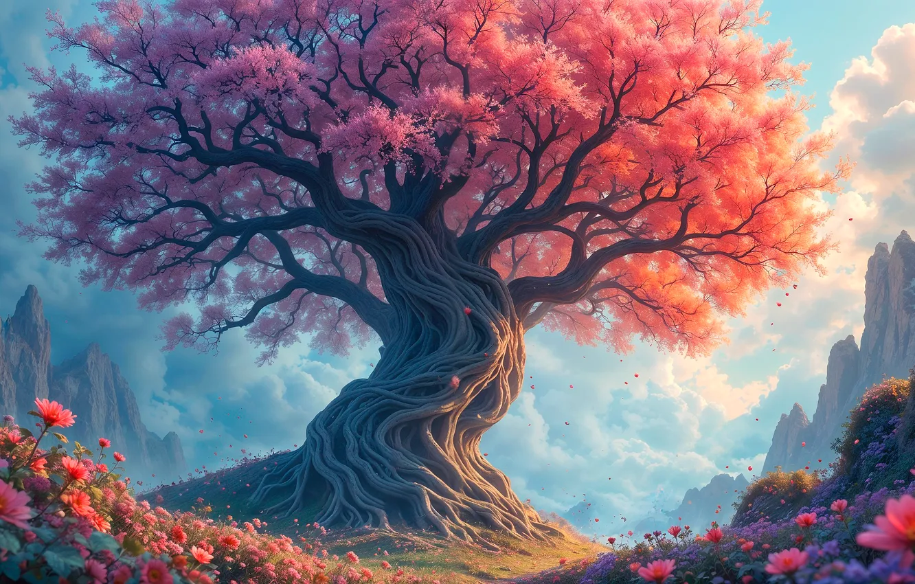 Photo wallpaper clouds, trees, landscape, flowers, mountains, nature, fog, rocks