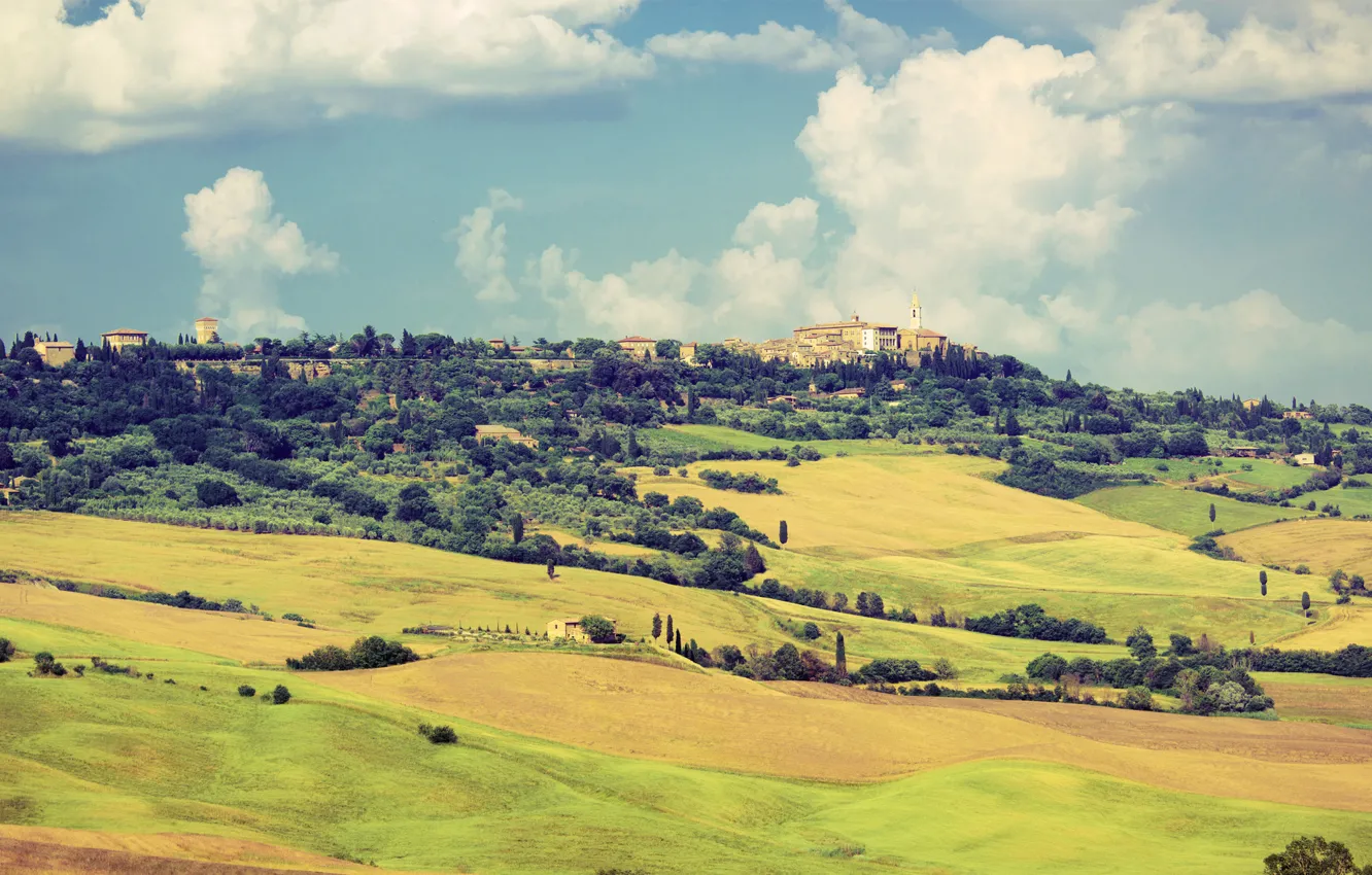Photo wallpaper the sky, clouds, valley, village, Italy, Tuscany