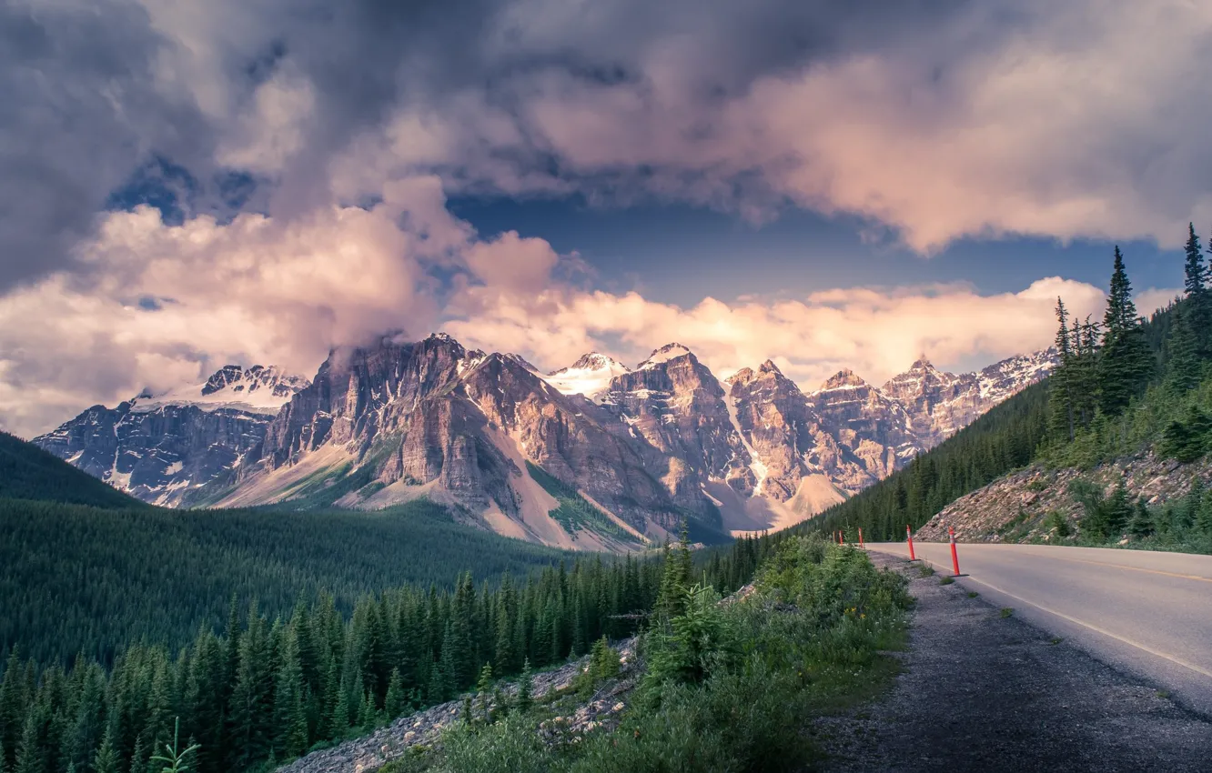 Photo wallpaper road, clouds, mountains, beauty