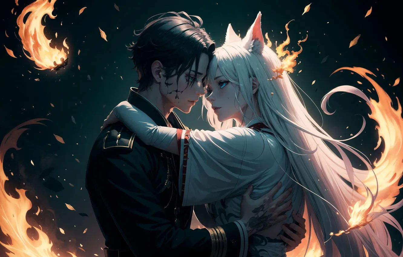 Photo wallpaper hugs, sparks, date, military uniform, the kitsune, fox girl, in the night, the magic of …