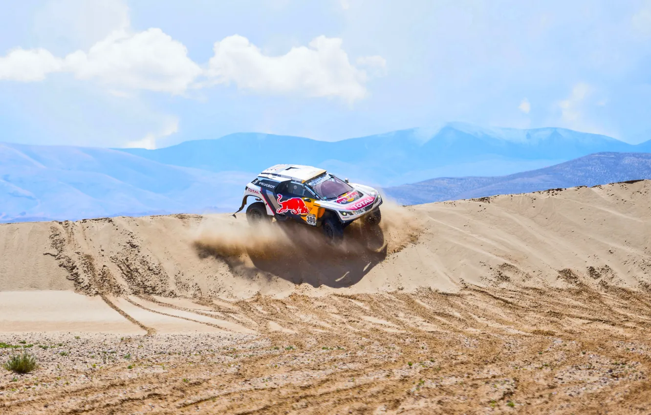 Photo wallpaper Sand, Sport, Desert, Speed, Race, Dirt, Peugeot, Lights