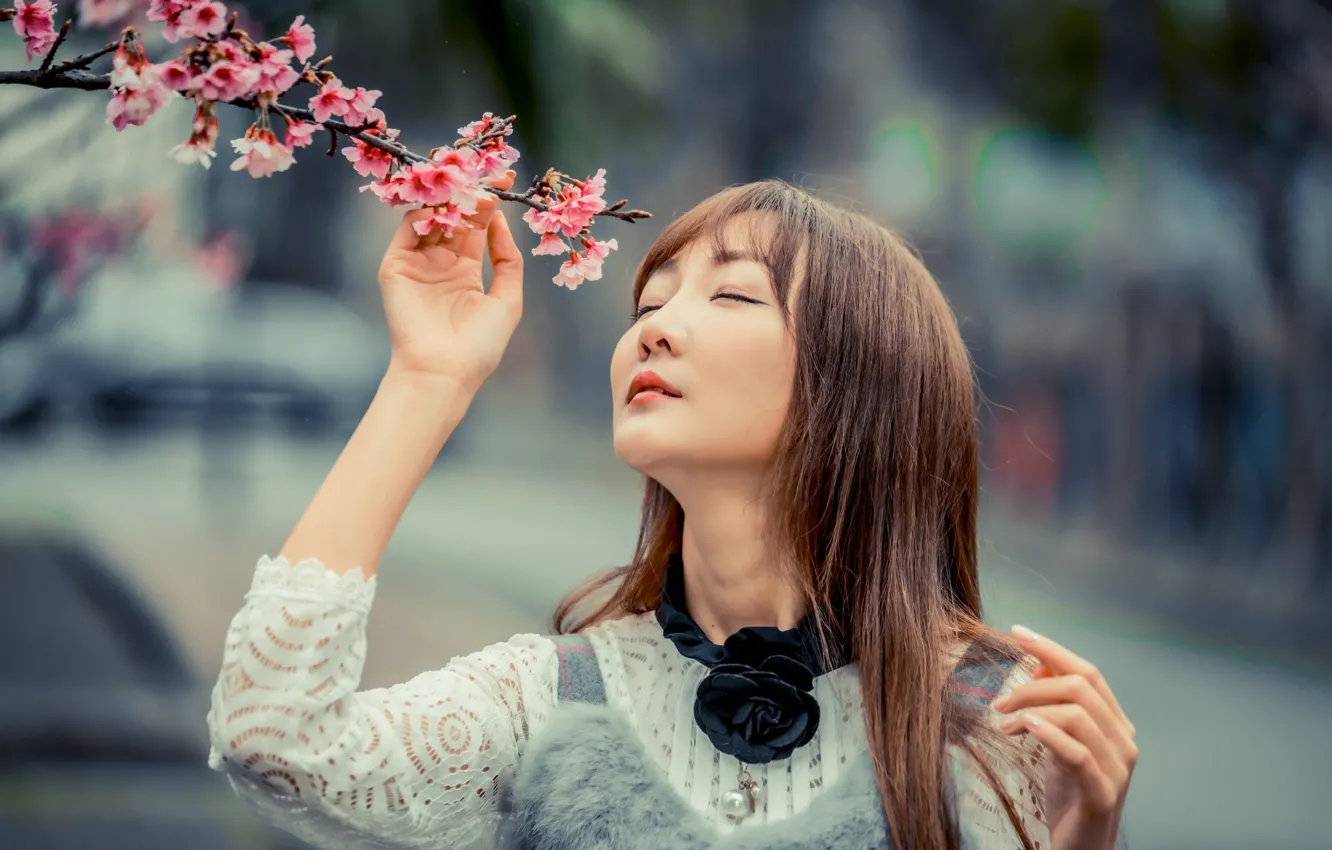 Photo wallpaper girl, branch, Asian, flowers, bokeh