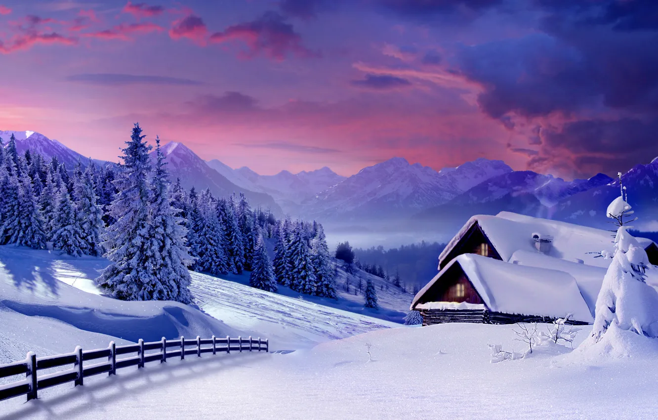 Photo wallpaper winter, snow, trees, mountains, house, the fence