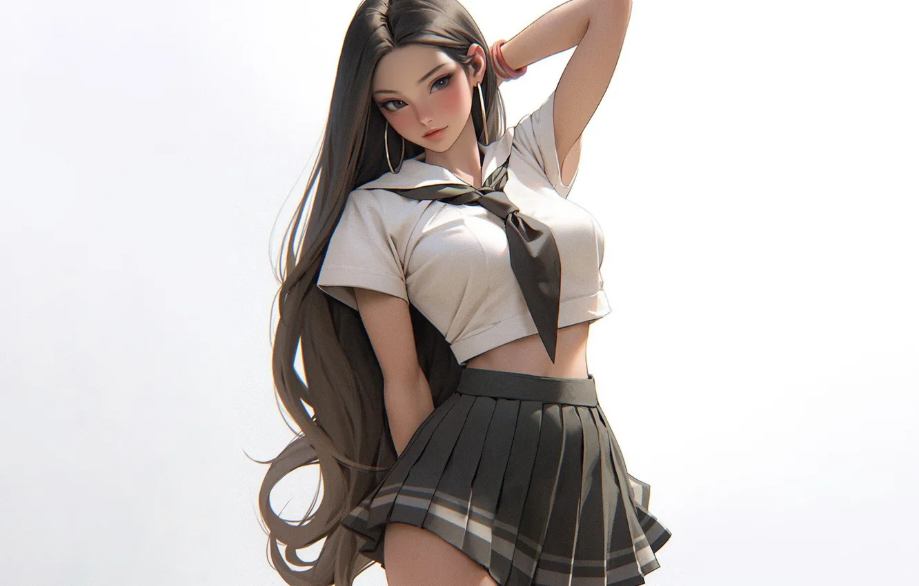 Photo wallpaper school uniform, long hair, brunette, anime girls, tie, white background, simple background, Schoolgirl