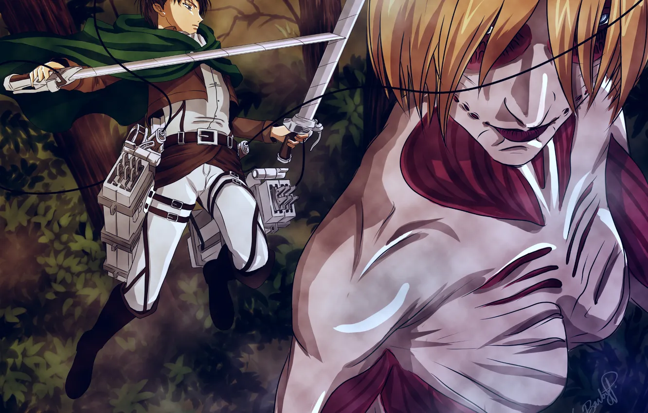 Photo wallpaper forest, flight, weapons, soldiers, giant, guy, art, blade