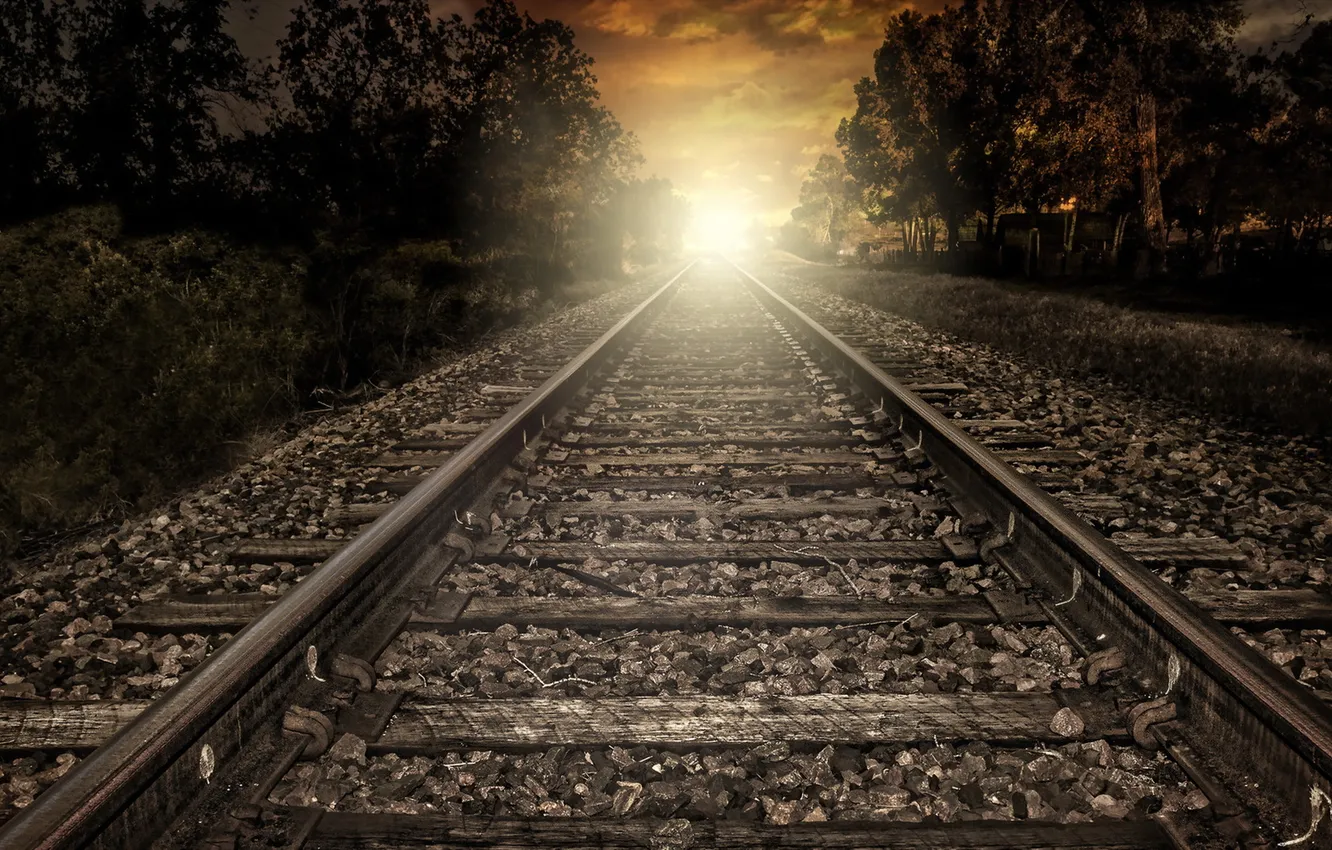 Photo wallpaper light, landscape, railroad