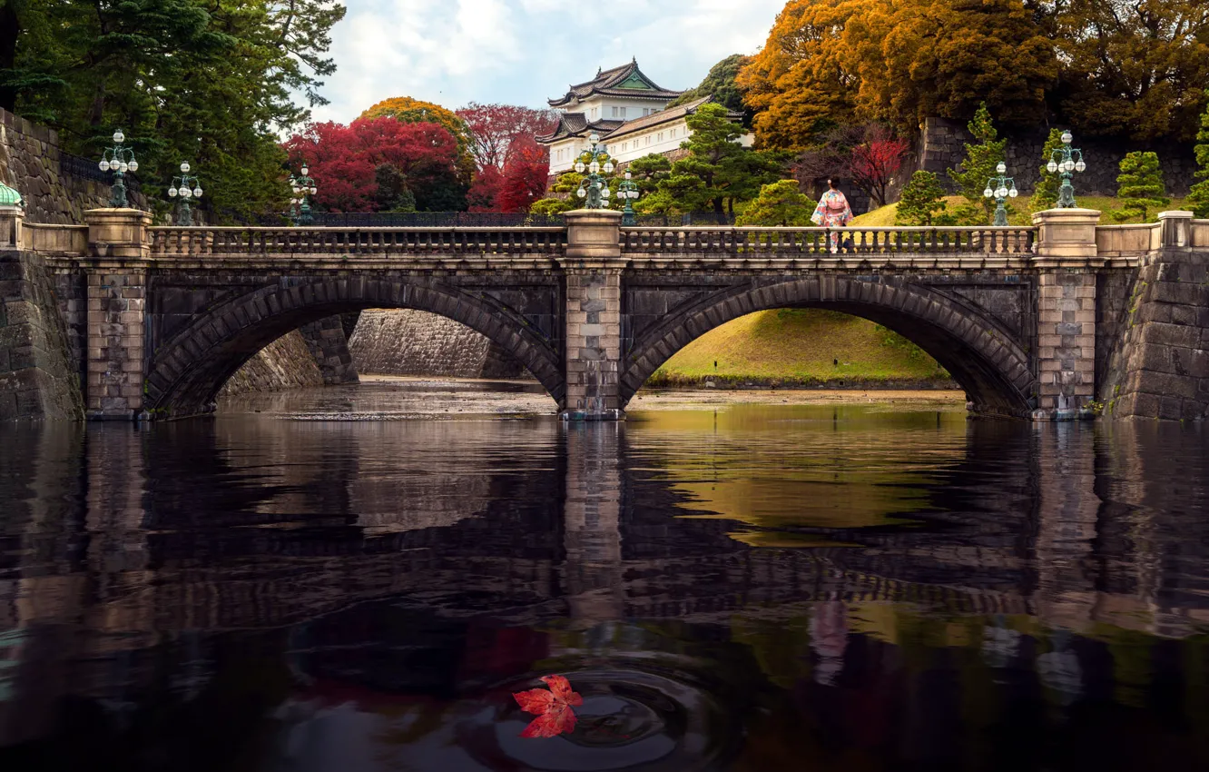 Photo wallpaper autumn, trees, landscape, bridge, river, woman, Japanese, building