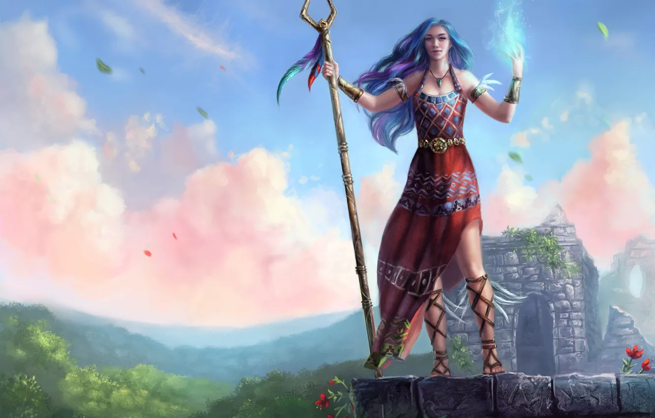 Photo wallpaper girl, magic, staff