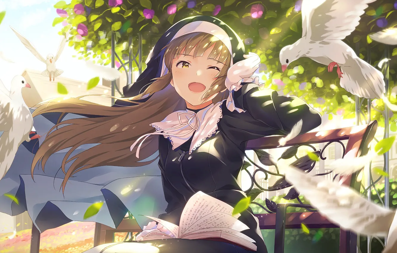 Photo wallpaper girl, bird, anime, nun
