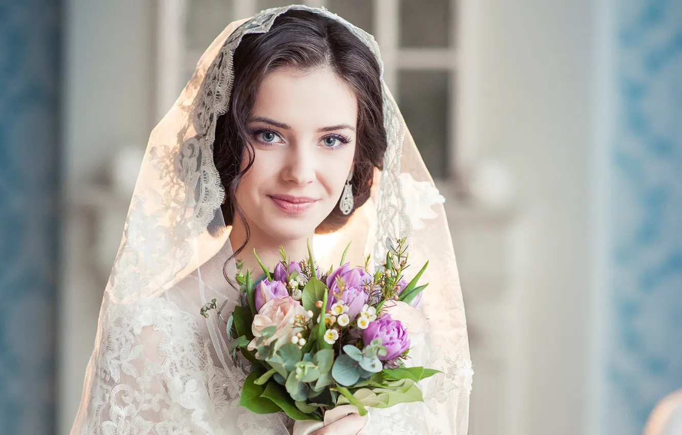 Photo wallpaper look, girl, bouquet, beautiful, the bride, shawl