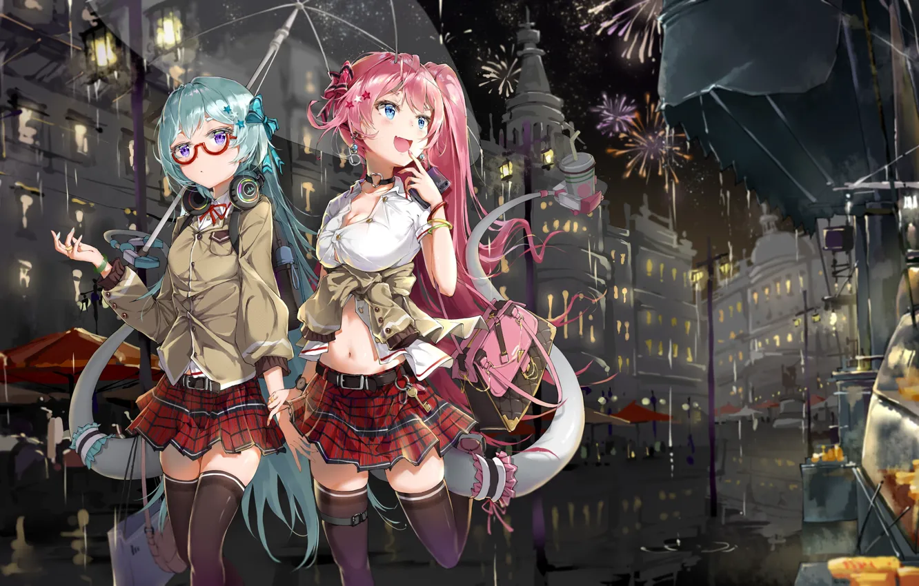 Photo wallpaper rain, stockings, umbrella, anime, the conversation, green hair, pink hair, evening city