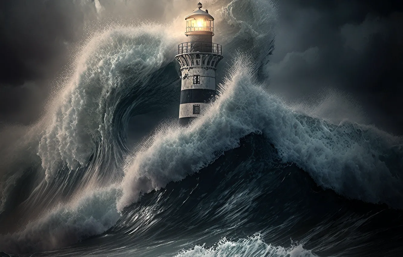 Photo wallpaper sea, wave, storm, AI art, lighthouse, neural network