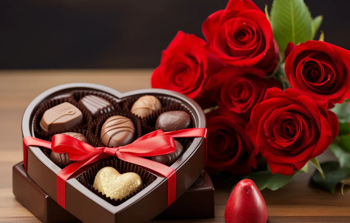 Photo wallpaper red, flowers, holiday, bouquet, heart, AI art, hearts, Valentine's Day