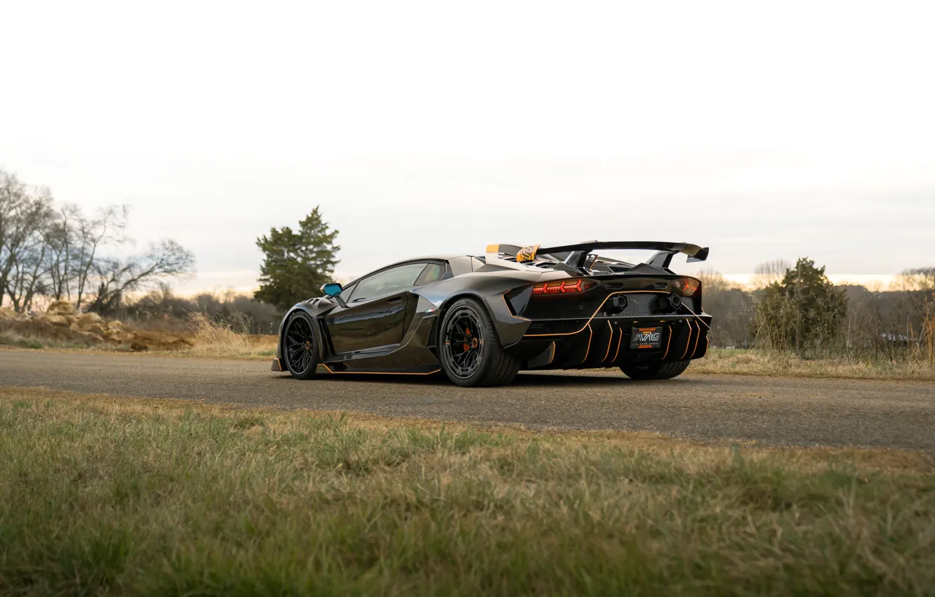 Photo wallpaper Lamborghini, Orange, Black, Rear view, Aventador S