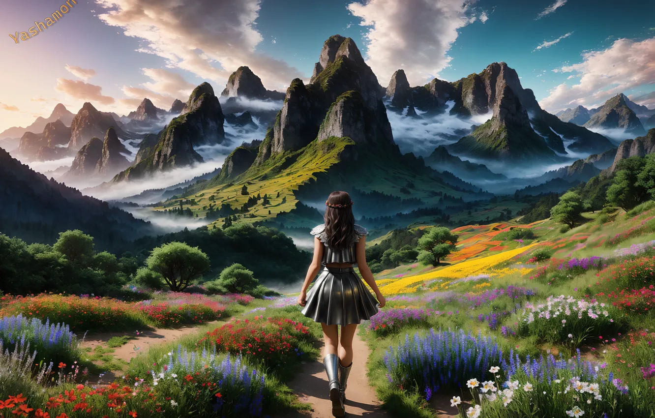 Photo wallpaper girls, nature, flowers, mountains, people, drawings, neural network
