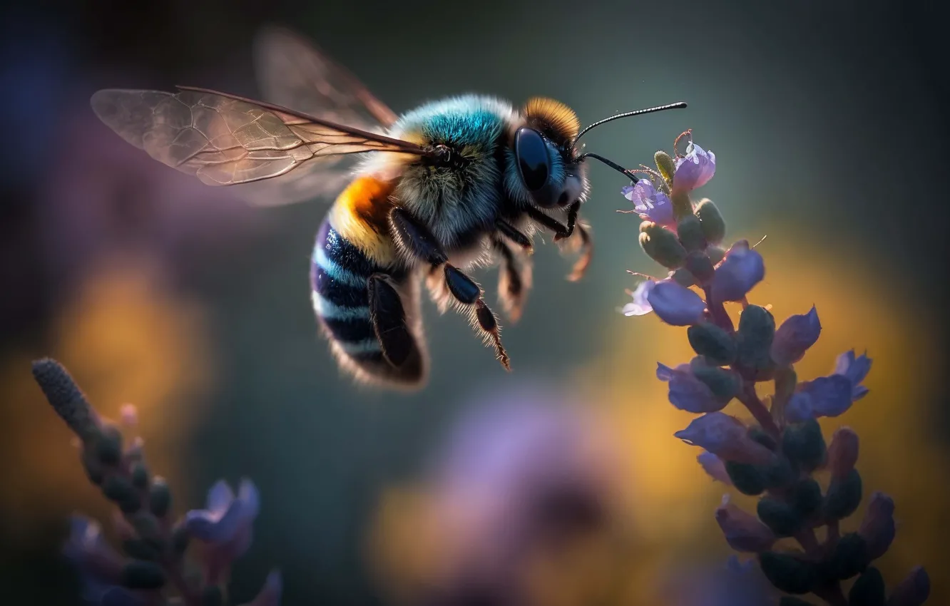 Photo wallpaper macro, flowers, bee, graphics, art, insect, lavender, bokeh