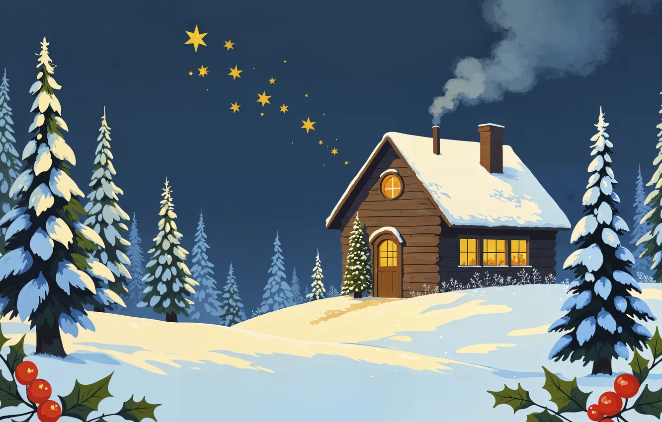Photo wallpaper winter, forest, stars, snow, night, smoke, new year, home