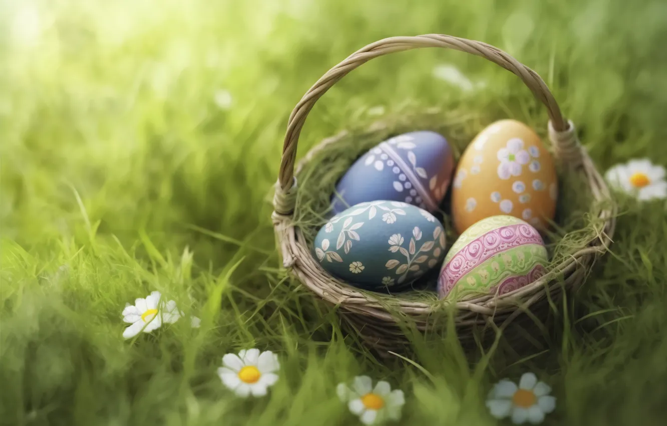 Photo wallpaper grass, flowers, eggs, Easter, basket, eggs