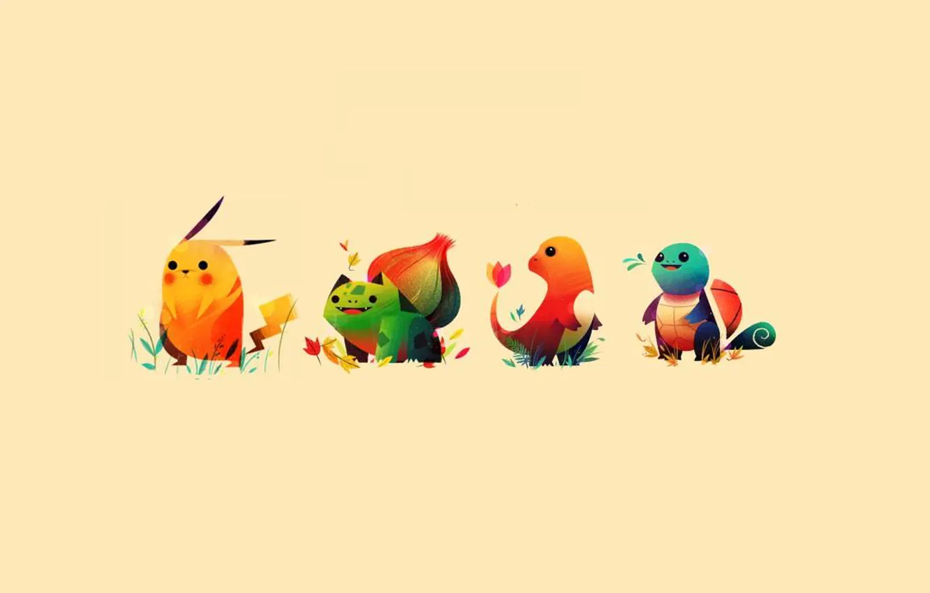 Photo wallpaper figure, minimalism, Pokemon, Pokemon, Pikachu, Pikachu, Charmander, Squirtle