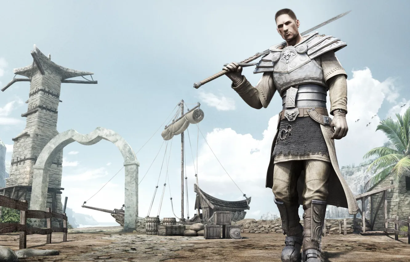 Photo wallpaper weapons, pier, village, warrior, hero, Risen