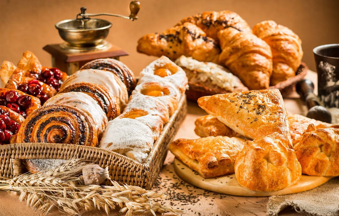 Photo wallpaper muffin, cakes, croissants, cuts, coffee grinder, puff