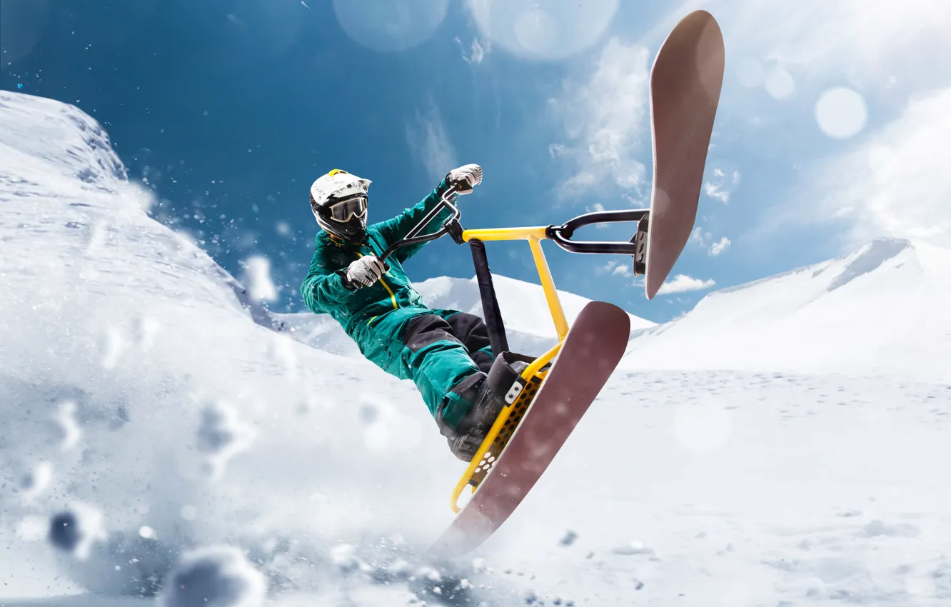Photo wallpaper winter, snow, mountains, sport, guy, Extreme winter sports, Snow Scooter, Snow Bike