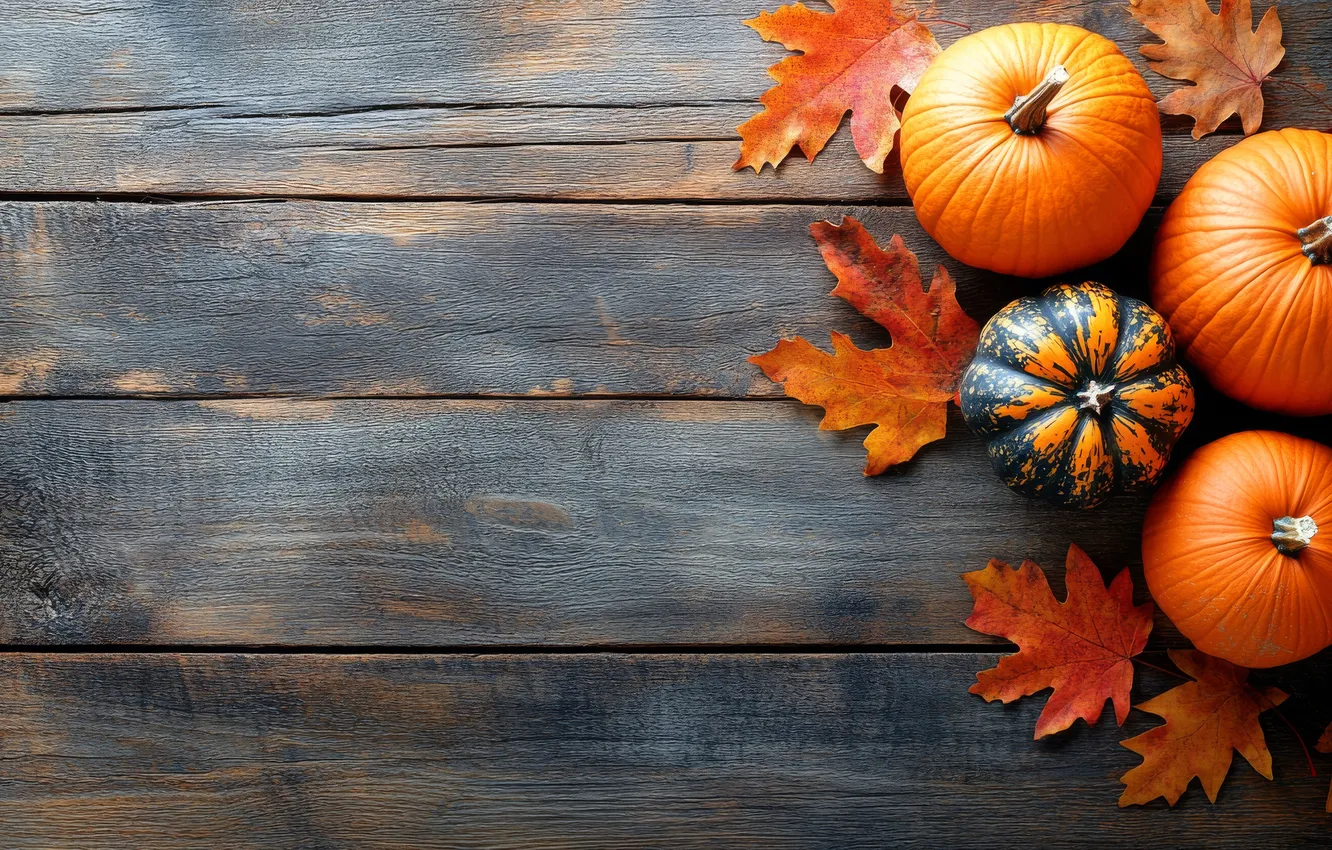Photo wallpaper pumpkin, AI art, fruit, autumn, composition, leaves, neural network