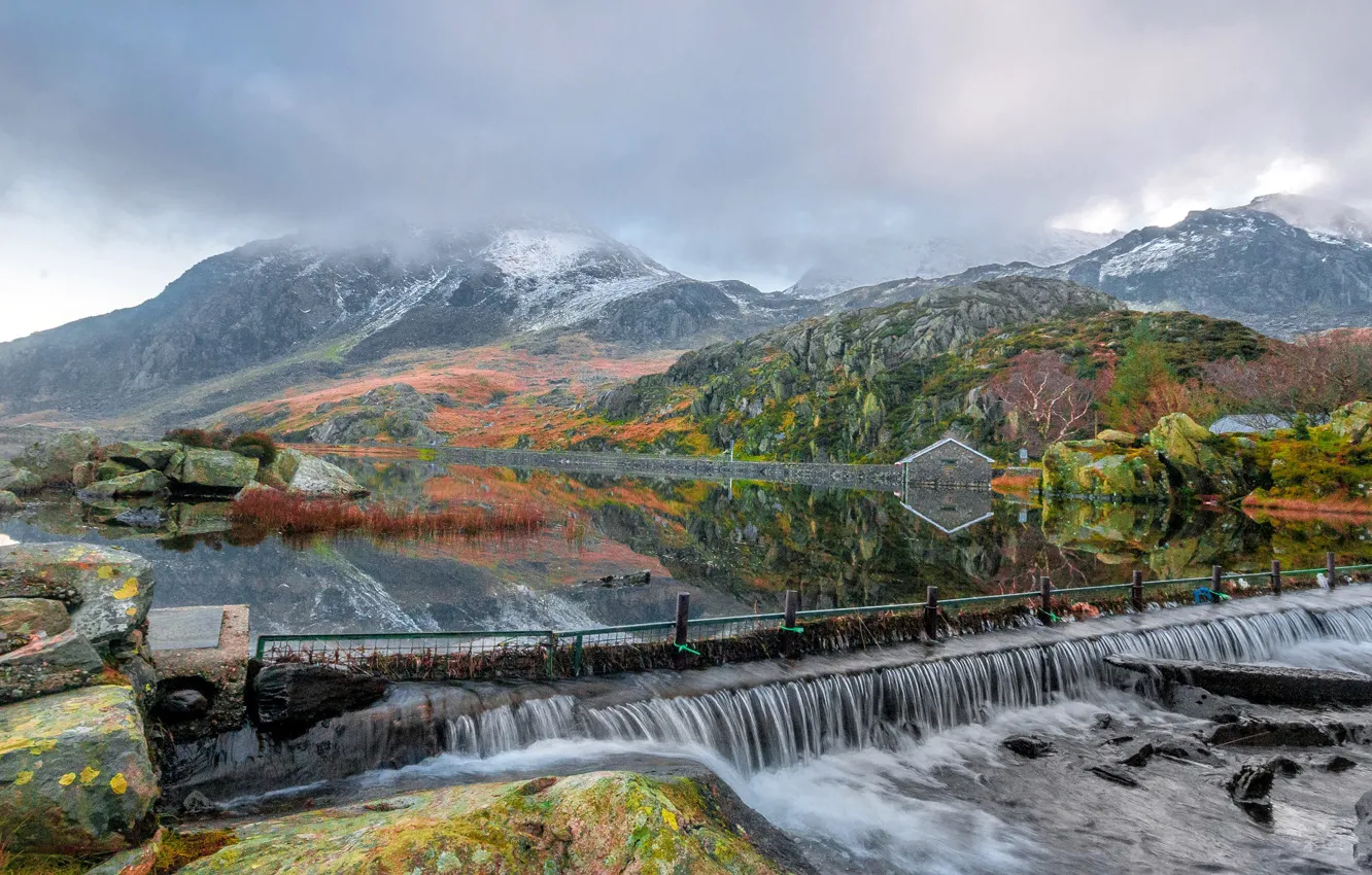 Photo wallpaper clouds, mountains, nature, river, home, Wales, Snowdonia