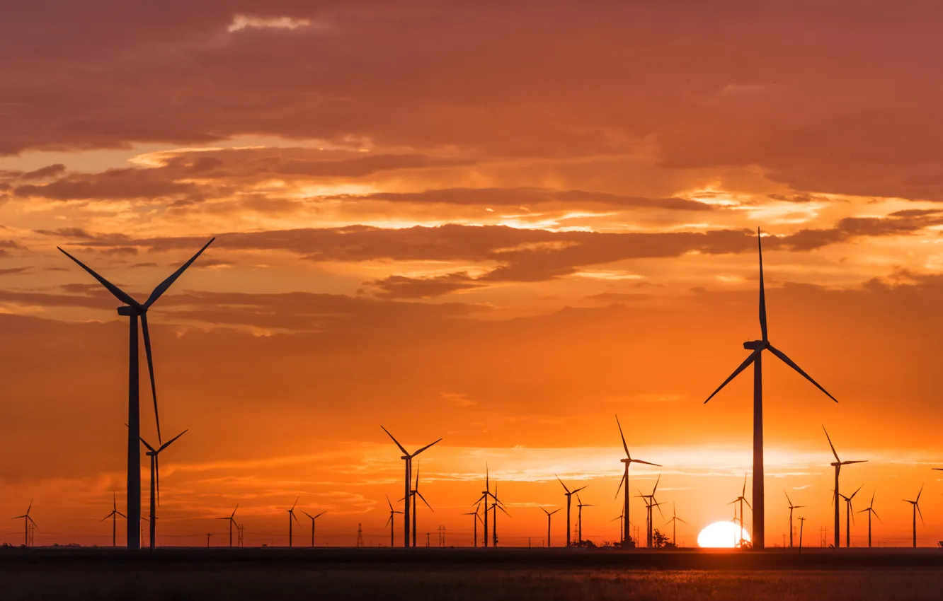 Photo wallpaper landscape, sunset, windmills