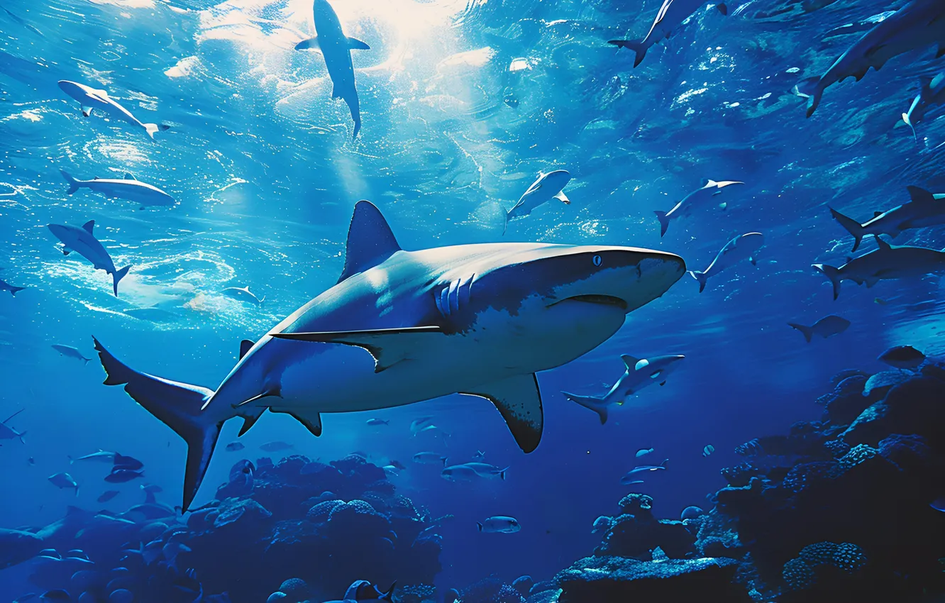 Photo wallpaper predator, shark, underwater world, digital art, AI art, The Art of Artificial Intelligence, neural network