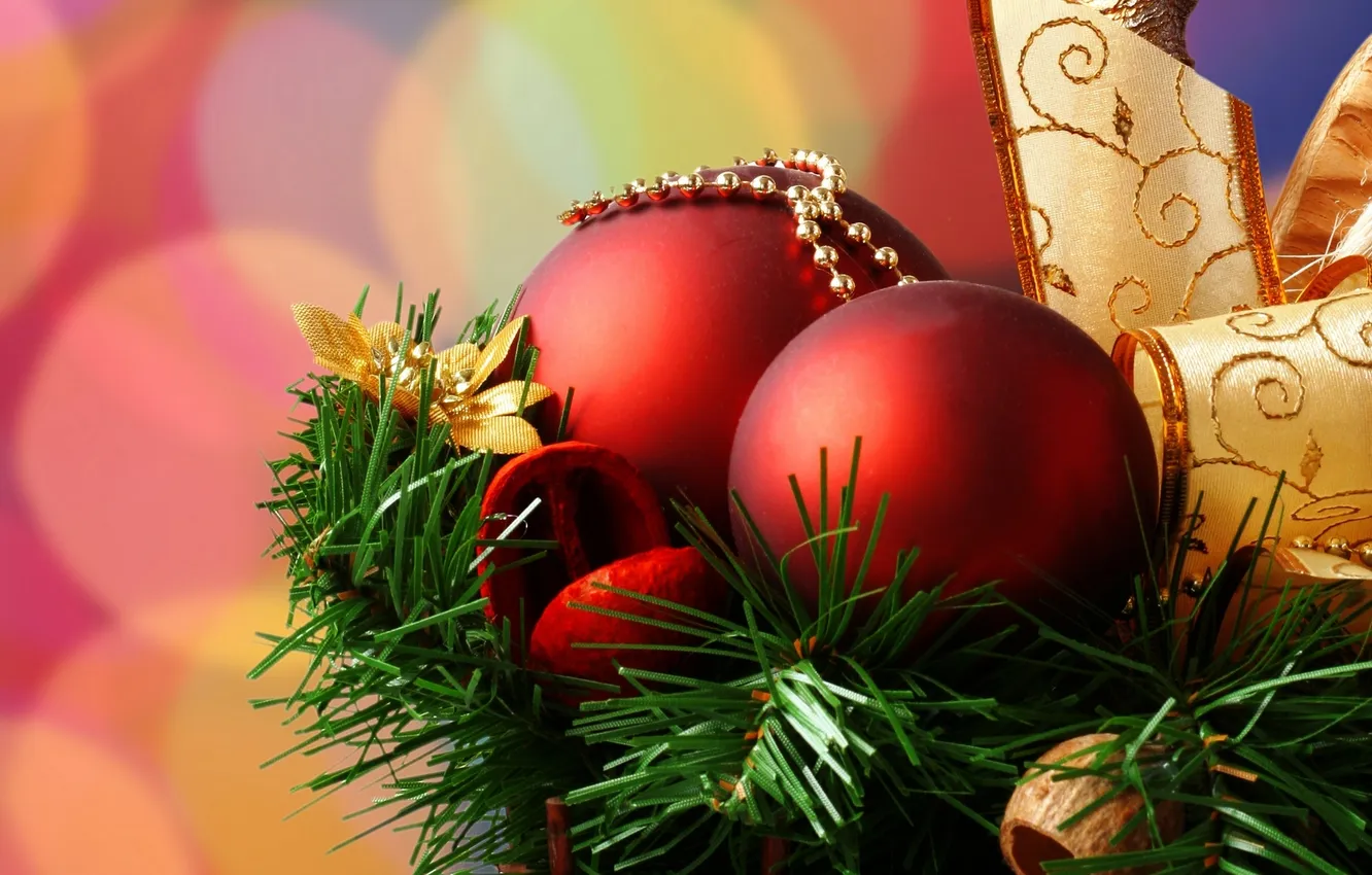 Photo wallpaper red, balls, tree, tape, gold, 2560x1600