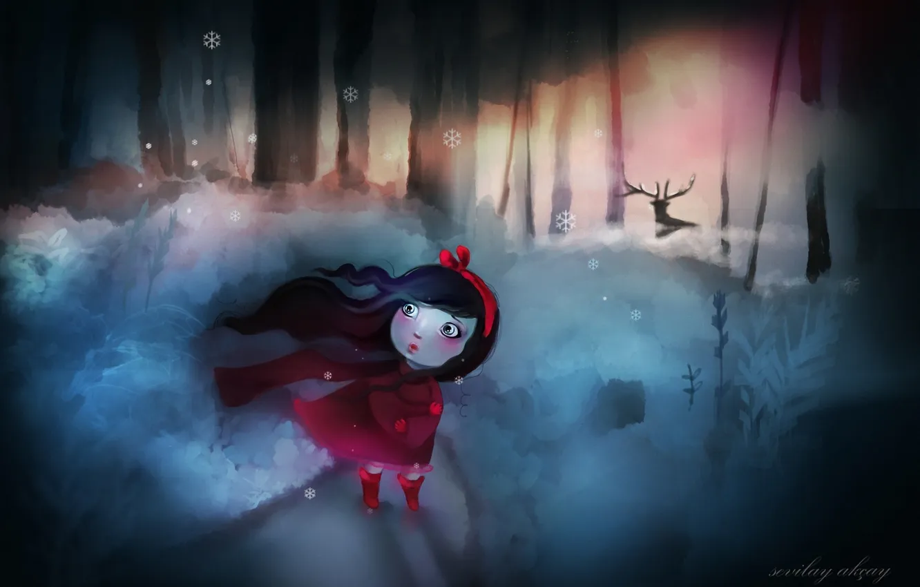 Photo wallpaper winter, forest, snow, snowflakes, the wind, deer, art, girl