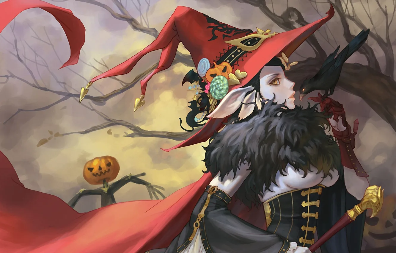 Photo wallpaper girl, hat, art, lollipops, Halloween, pumpkin, Raven, sweet