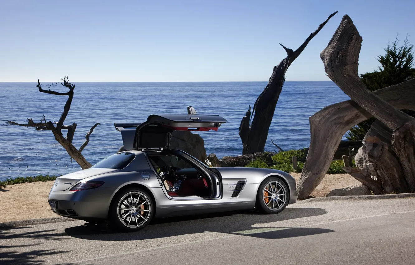 Photo wallpaper road, sea, auto, trees, Mercedes-Benz