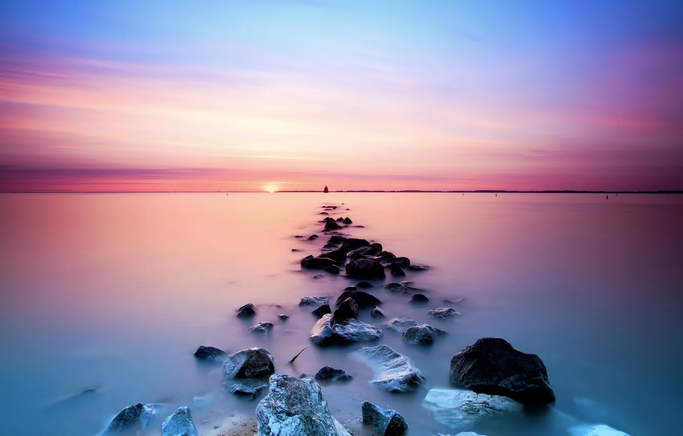 Photo wallpaper sea, the sky, sunset, stones, track