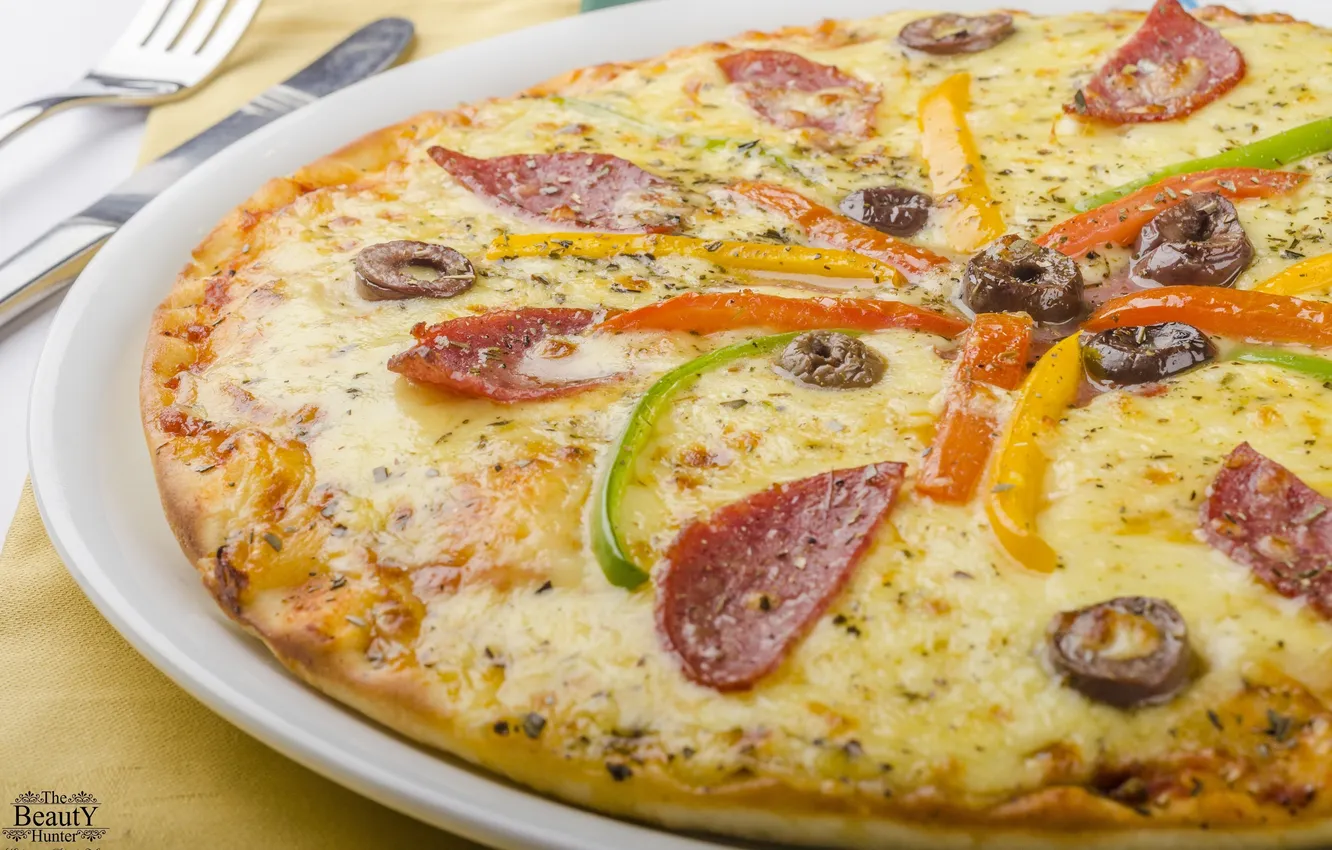 Photo wallpaper cheese, pepper, vegetables, pizza, sausage